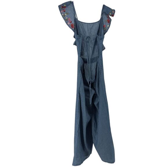 Wide Leg Jumpsuit L Blue Pin Striped Floral Embroidered Ruffle San Joy Open Back - Picture 11 of 11
